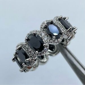 Black Onyx CZ Eternity Band Silver Halo Ring Bold Statement Gothic Stacking